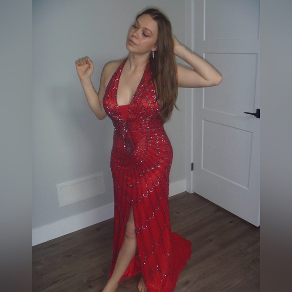 Vintage Red Beaded Gown Art Deco Revival Halter Dress | Old Hollywood Glamour 4 - Picture 12 of 12